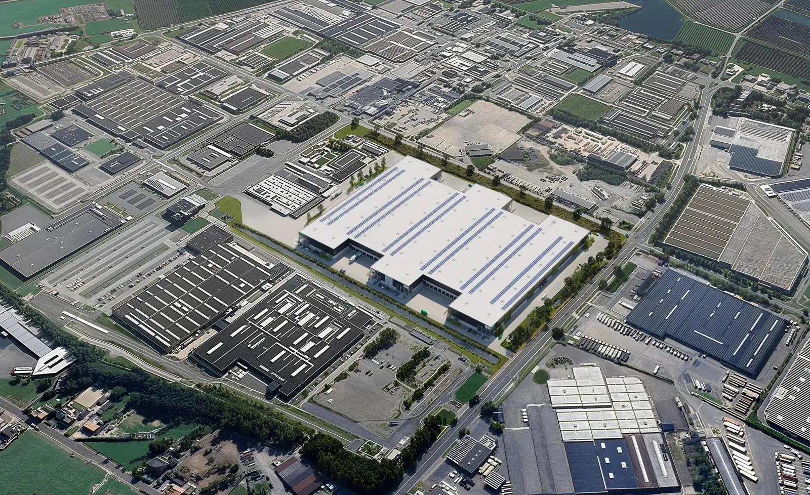 Green Business Park Bloesem in Sint-Truiden met logistieke loodsen